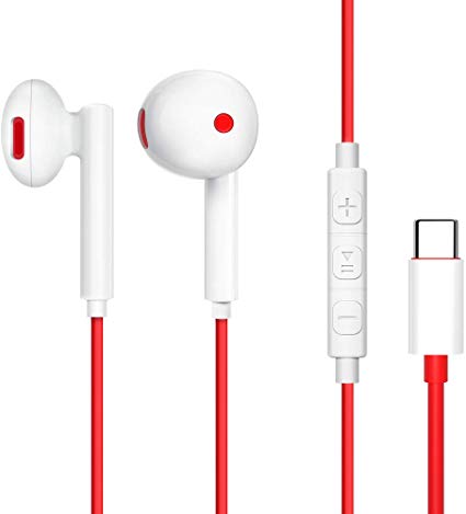 Jelanry USB Type C Earbuds, USB C Microphone Earphones in-Ear Stereo Headphones Built-in DAC Hi-Res Chip Hi-Fi Stereo Headset for Oneplus 7T/ 6T, Google Pixel 4/4XL, Huawei, LG and More Red/White