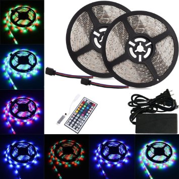 BMOUO 2 Reels 12V 32.8ft Waterproof Flexible SMD3528 RGB 600 LEDs, LED Strip Light Kit, Multi-colored, 44-key MINI IR Controller   12V 5A Power Supply for Gardens/Homes/Kitchen/Cars/Bar