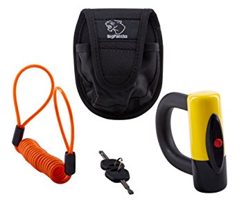 Motorcycle Disc Lock (U-Lock Security Model). Made from Hardened Steel this Tough & Reliable Motorcycle Lock comes with Highly Visible free Reminder Cable & Holster. From BigPantha (Yellow)!