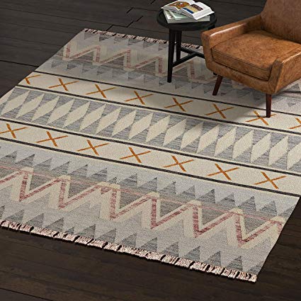 Rivet Southwestern Geometric Wool Area Rug, 5 x 8 Foot, Blue, Ivory, Yellow