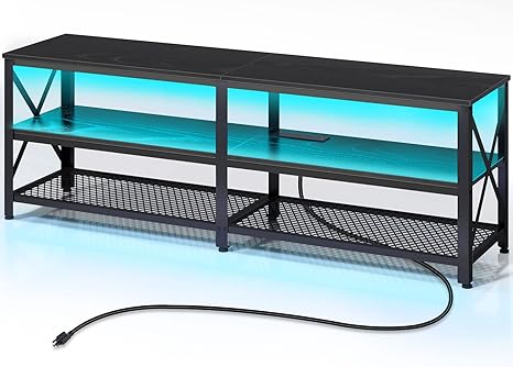 Rolanstar TV Stand with Led Lights & Power Outlets for 32/40/45/55/60/65/70 inch TVs, Entertainment Center with Open Storage, TV Table, 3-Tier Television Stands for Living Room, Black