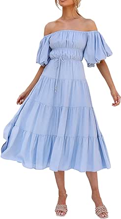 R.Vivimos Off-Shoulder Dresses for Women Summer Puff Sleeve Empire Waist Casual Ruffle A-Line Flowy Midi Dress with Belt