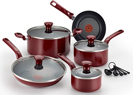 T-fal C514SE Excite Nonstick Thermo-Spot Dishwasher Safe Oven Safe PFOA Free Cookware Set, 14-Piece, Red