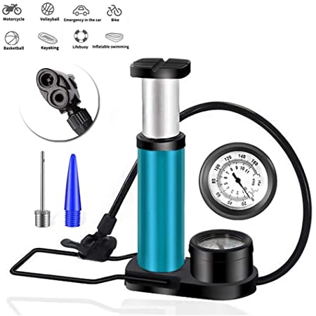 Bike Pump, Portable Mini bicycle Air Pump with Pressure Gauge, Valve Portable Multi-Functional Universal Hose Bike Floor Pump adapter with Free Ball Needle and Inflation Cone, Best Quality&Performance