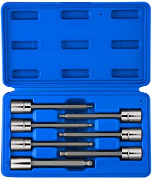 Neiko 10243A 3/8” Drive Extra Long Ball End Hex Bit Socket Set, Metric, 3mm to 10mm | 7-Piece Set, S2 and Cr-V Steel, 4-1/4 Inch Length