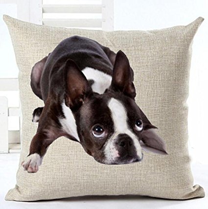 Cotton Linen Cute Funny Various Pet Dogs Human Friends Boston Terrier Throw Pillow Covers Cushion Cover Decorative Sofa Bedroom Living Room Square 18 Inches by Lacanu