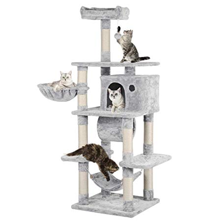 Yaheetech 69.5 inches Stable Cat Tree with Freely Rotating Tunnel, Padded Platform with Replaceable Dangling Balls, Hammock Basket and Condo, Cat Tower Furniture-for Kittens, Cats and Pets