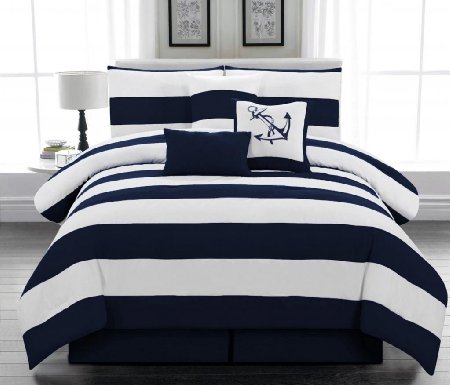 7pc Microfiber Nautical Themed Comforter set Navy Blue and White Striped Full Queen and King Sizes