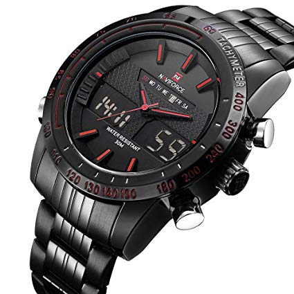 Men's Sports Quartz Watch Stainless Steel Mens LED Digital Waterproof Dual Display watches 9024