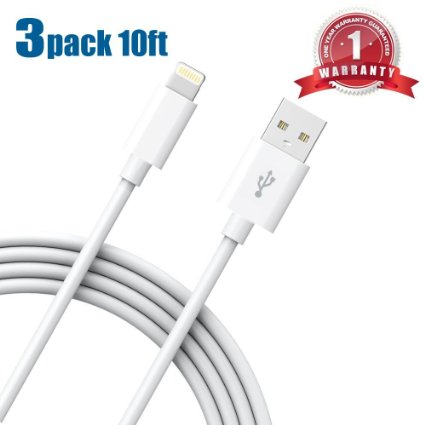 ESK Certified 3 Pack 10ft Extra Long Lightning USB Cable Charger with Authentication Chip Ensures Fast Charging and No Annoying Error Messages