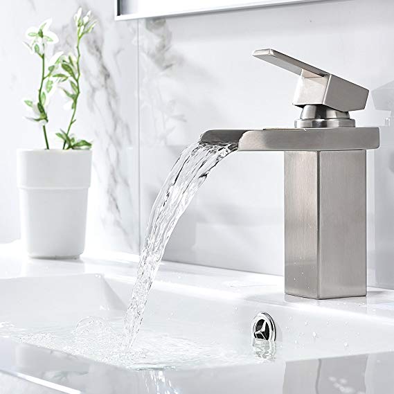 PHIESTINA Modern Single Handle Waterfall Brushed Nickel Bathroom Sink Faucet, Vessel Vanity Sink Faucet With Water Supply Lines,No Drain