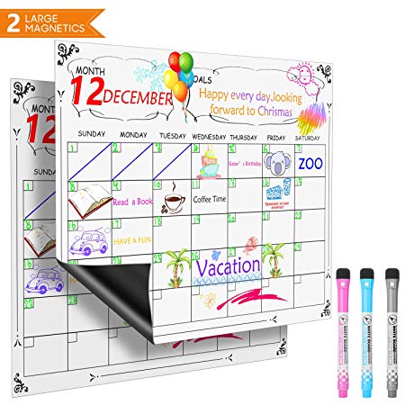 2 Pack Magnetic Dry Erase Calendar, Vogek Monthly Calendar for Refrigerator Large Magnetic Whiteboard with 3 Colored Makers for Smart Planners (2 Pack 16" x 12")