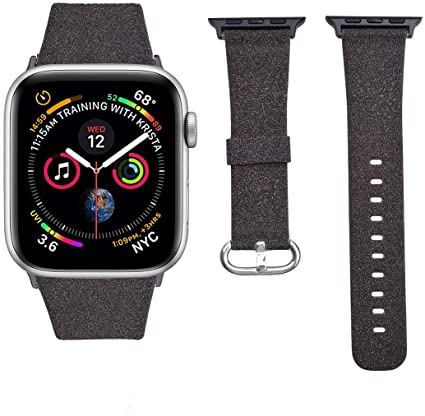 iiteeology Compatible with Apple Watch Band Women Girls, Genuine Leather Sparkly Bling Glitter iWatch Band for Apple Watch Series 5 Series 4 3 2 1 (38mm/40mm Black Band   Black Connector)