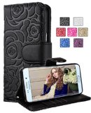 Galaxy S6 Edge Plus Wallet Case FLYEE Premium Vintage Emboss Flower Flip Wallet Shell PU Leather Magnetic Cover Skin with Detachable Wrist Strap Case for Samsung Galaxy S6 Edge Plus Black