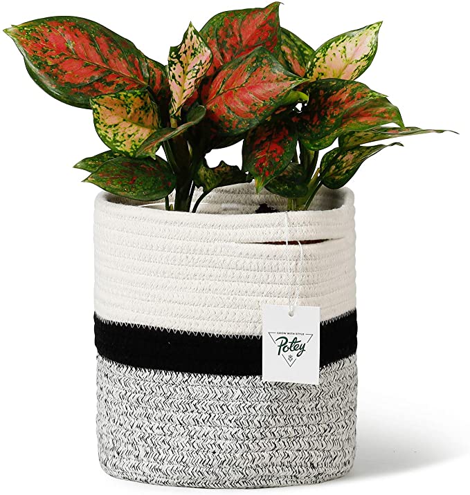 POTEY 700701 Cotton Rope Woven Plant Basket Modern Woven Basket for 7" Flower Pot Floor Indoor Planters,Storage Organizer Basket Rustic Home Decor, White Black Grey Stripes 8"x 7.5"