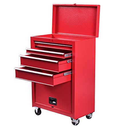 Goplus 22-Inch Steel Chest Roller Rolling Tool Chest Box On Wheels Cart Cabinet Combination w/ 4 Sliding Drawers, Red