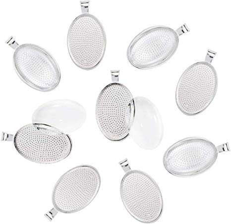 Faxco 48 Pieces Oval Pendant Trays Set, 24 Transparent Glass cabochons with 24 Silver Pendant Trays, Clear Glass Dome cabochon Non-calibrated Oval 20x30mm/ 0.79x1.18inch for Photo Pendant Craft Jewel