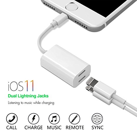 Alquar Lightning Dual Port Adapter, for iPhone 7 & iPhone 8/X Lightning Splitter Charging and Headphone Adapter, Charge and Listen to music at the same time, Support iOS 11 and before