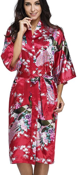 FLYCHEN Women's Ladies Peacock Kimono Bath Satin Silk Long Nightdress size S-3XL