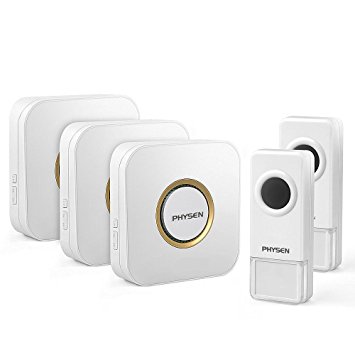 PHYSEN Model B9 Waterproof Wireless Doorbell kit with 2 Push Buttons and 3 Plugin Receivers,Operating up to 1000 Feet Range,4 Adjustable Volume Levels and 52 Chimes,No Battery Required for Receiver,Gold