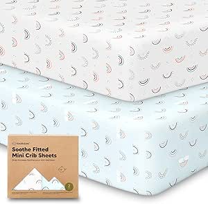 2-Pack Mini Crib Sheets Fitted, Pack and Play Sheets - Organic Cotton Pack N Play Sheets for Pack and Play Mattress, Playard Baby Crib Sheets, Jersey Crib Sheets Neutral for Boys (Jolly Rainbow)