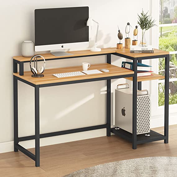 Tribesigns Computer Desk with Storage Shelves & Monitor Stand, PC Study Writing Desk, Industrial, Wood and Steel Frame, Workstations for Home Office (Maple)