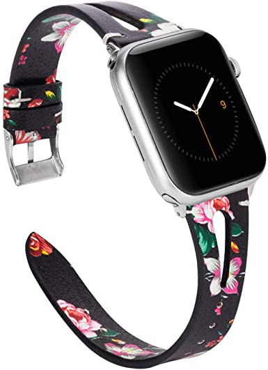 Wearlizer Floral Leather Bands Compatible with Apple Watch Straps 38mm 40mm for iWatch Womens Black Red Special Triangle Hole Wristband Sport Replacement Bracelet (Silver Buckle) Series 5 4 3 2 1