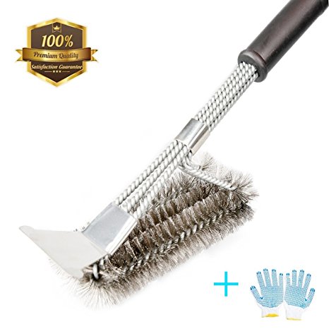Grill Brush and Scraper, ZOUTOG 3 in 1 Bristles Stainless Steel Cleaning Brush with BBQ Cooking Glove for Grill Cooking Grates