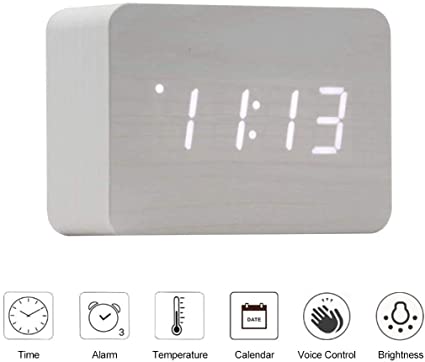 OFLILAK Wooden Digital Alarm Clock for Bedrooms, 4 Level Adjustable Brightness and Voice Control, Display Time Temperature Date for Bedroom Office Home(White)