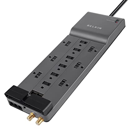 Belkin 12-Outlet Power Strip Surge Protector with 10-Foot Cord and Telephone, Ethernet, Coaxial Protection, BE112234-10