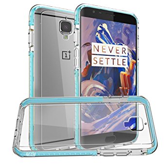 Orzly - Fusion Bumper Case Cover Shell for Oneplus 3 / OnePlus THREE - Protective Hard Cover with Impact Absorbing BLUE Rubber Rim & Clear Back Panel
