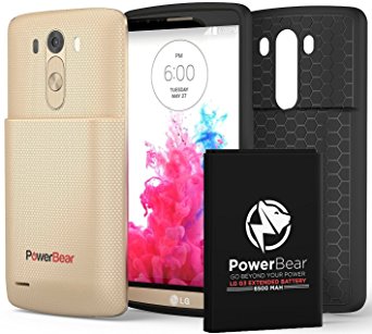 PowerBear LG G3 Extended Battery [6500mAh] & Back Cover & Protective Case (Up to 2.2X Extra Battery Power) - Gold [24 Month Warranty & Screen Protector Included]