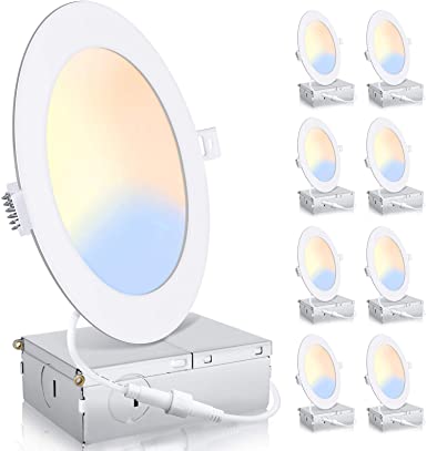 8 Pack 6 Inch 5CCT Ultra-Thin Led Recessed Ceiling Light with Junction Box, 15W Eqv 150W, 1400LM High Brightness, 2700K-5000K Selectable, Dimmable Can-Killer Downlight Slim Recessed Lighting
