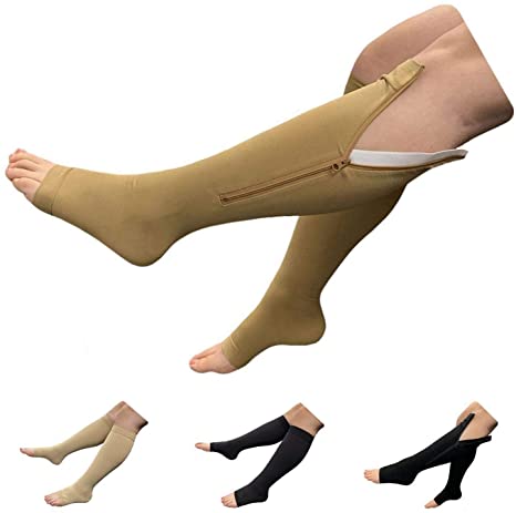 HealthyNees Big Tall Open Toe 20-30 mmHg Compression Plus Wide Calf Leg Socks (Beige with Zipper, 4X-Large)