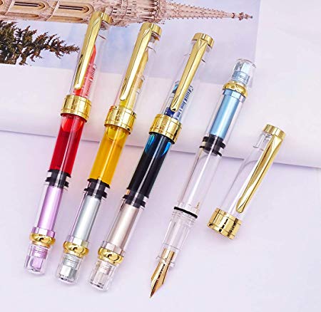 Piston Fountain Pen Wing Sung 3008A Gold Plated Fine Nib, Transparent Gold Trim 4 Colors Set 【2018 Upgraded Set 】