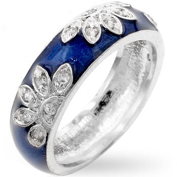 Genuine Rhodium Plated Navy Blue Enamel Ring with Clear Cubic Zirconia in a Leaf Design