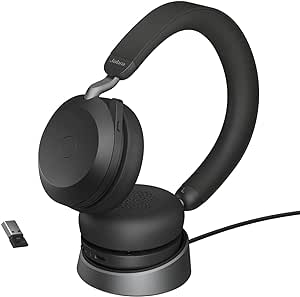 Jabra Evolve2 75 Wireless PC Headset with Charging Dock and 8-Mic Technology - Dual Foam Stereo Headphones with Advanced Active Noise Cancellation, USB-A Bluetooth Adapter and UC Compatibility - Black