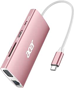 Acer USB C Hub with 4k HDMI, 9-in-1 USB C to Ethernet Adapter, 5Gbps USB-A 3.1 Docking Station, PD 100W Charging, SD Card Reader, USB to VGA Splitter for MacBook, Acer, Laptops, Surface (Pink)