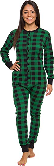 Buffalo Plaid Womens One Piece Pajamas - Adult Unisex Union Suit with Drop Seat Butt Flap by Silver Lilly