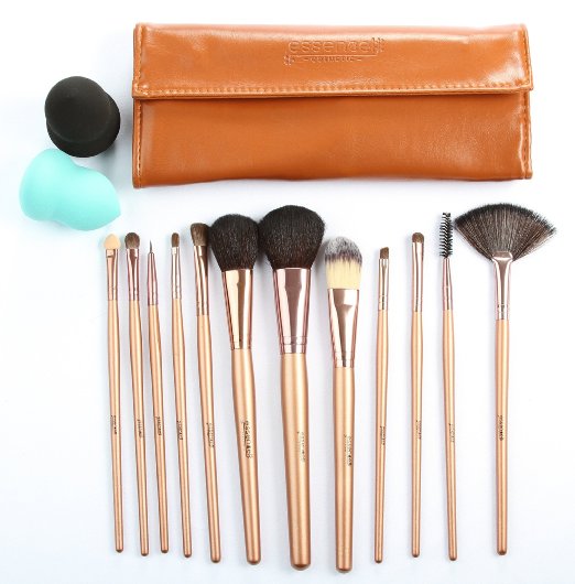 Essencell 12 Pieces Makeup Brush Set, Coffee with Makeup Blender Sponge and Travel Essentials Case