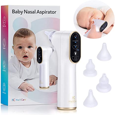 Baby Electric Nasal Aspirator, HailiCare USB Charge Nose Cleaner and Snot Sucker With 3 Adjustable Settings, 4 Reusable Tips for Newborn Infant Toddlers and Kids