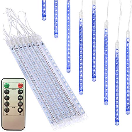 Meteor Shower Rain Lights with Remote Control,Battery Operated,8 Tubes 11.8 in 144 LED Falling Rain Drop Christmas Light, Waterproof Cascading Lights for Entrance Fence Backyard Balcony Decor-Blue