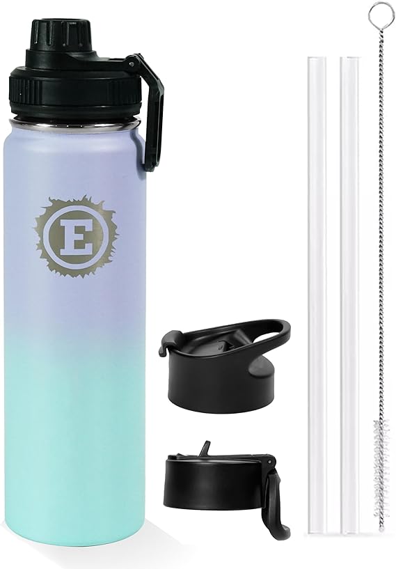 Eclipse Sports Water Bottle - 3 Lids - Straw, Flip top & Chug Lid with handle - Leak Proof Stainless Steel Insulated Great for Gym, Hiking & Travel - (18oz Relaxing Purple)
