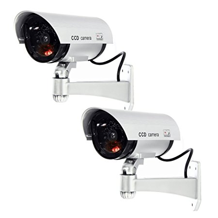 Masione 2 PACK OUTDOOR FAKE / DUMMY SECURITY CAMERA w/ Blinking Light (Silver) CCTV SURVEILLANCE
