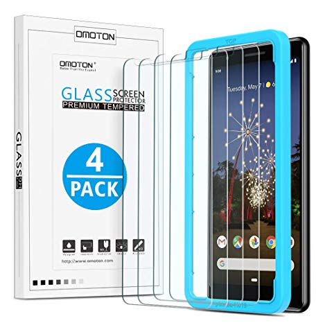 [4 Pack] OMOTON Google Pixel 3a Screen Protector, Tempered Glass/Alignment Frame/High Denifition/Only Cover Display Area