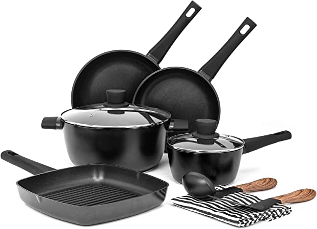 Sakuchi Nonstick Pots and Pans Set,10 Pcs Nonstick Cookware Sets, Induction Stone Cookware Set Essentials Non Stick Cooking w/Frying Pans Grill Pan & Stock Pot(PFOS, PFOA Free)