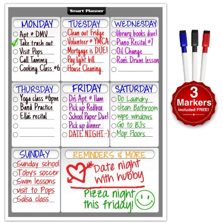 Smart Planner's Weekly Multi-Purpose Magnetic Refrigerator Dry Erase Board | Chores, To do list, Reminders Planner for Kitchen Fridge | With 3 Magnetic Dry Erase Markers Included