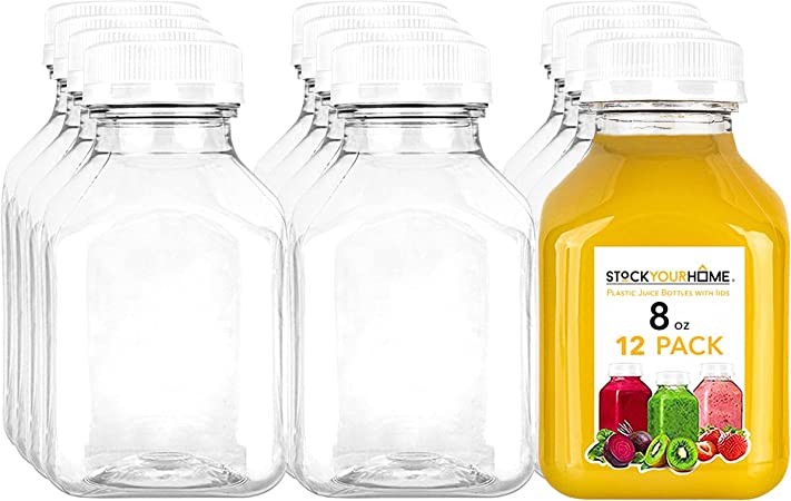 Juice Bottles with Caps for Juicing & Smoothies, Reusable Clear Empty Plastic Bottles with Caps, 8 Ounce Drink Containers for Mini Fridge, Juicer Shots, Small Water Bottles Bulk 8 oz (12 Pack)