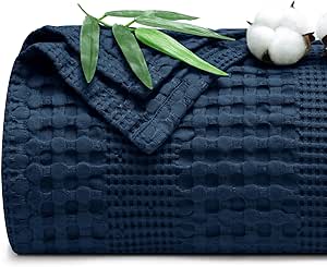 PHF Cooling Waffle Blanket King Size, Lightweight 60% Rayon Derived from Bamboo & 40% Cotton Breathable Summer Blanket for Hot Sleepers, Soft and Luxury for Bed Couch and Sofa, 104"x90", Navy Blue