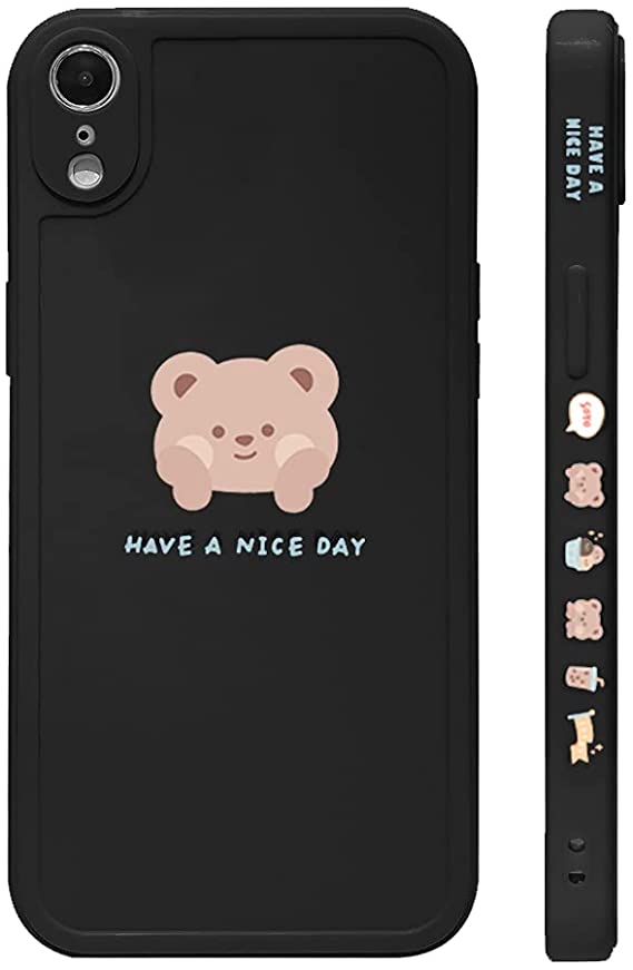 Ownest Compatible with iPhone XR Case Cute Painted Design White Luck Bear for Women Girls Fashion Slim Soft Flexible TPU Rubber for iPhone XR-Black